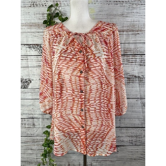 Nine West Blouse size Extra Large Orange Pink Sheer Ruffle Button Front Peasant - Picture 2 of 13